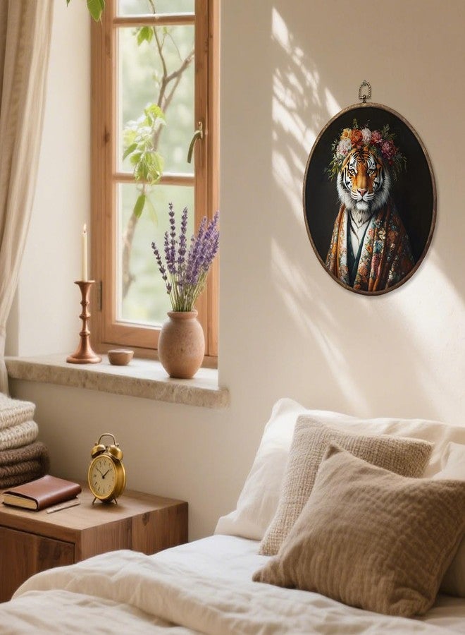 HUGANE Vintage Moody Floral Tiger Round Wall Art Decor, Trendy Maximalist Eclectic Tiger Hanging Canvas Framed Prints Wall Sculptures for Home Office Living Room Decor, 10x10 Inch - Image 3